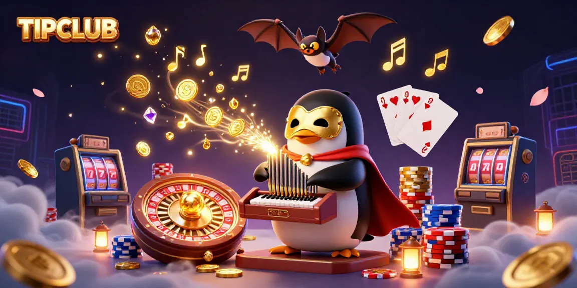 Engage with TIPCLUB as the 3D phantom penguin plays winning tunes amid golden coins and casino treasures