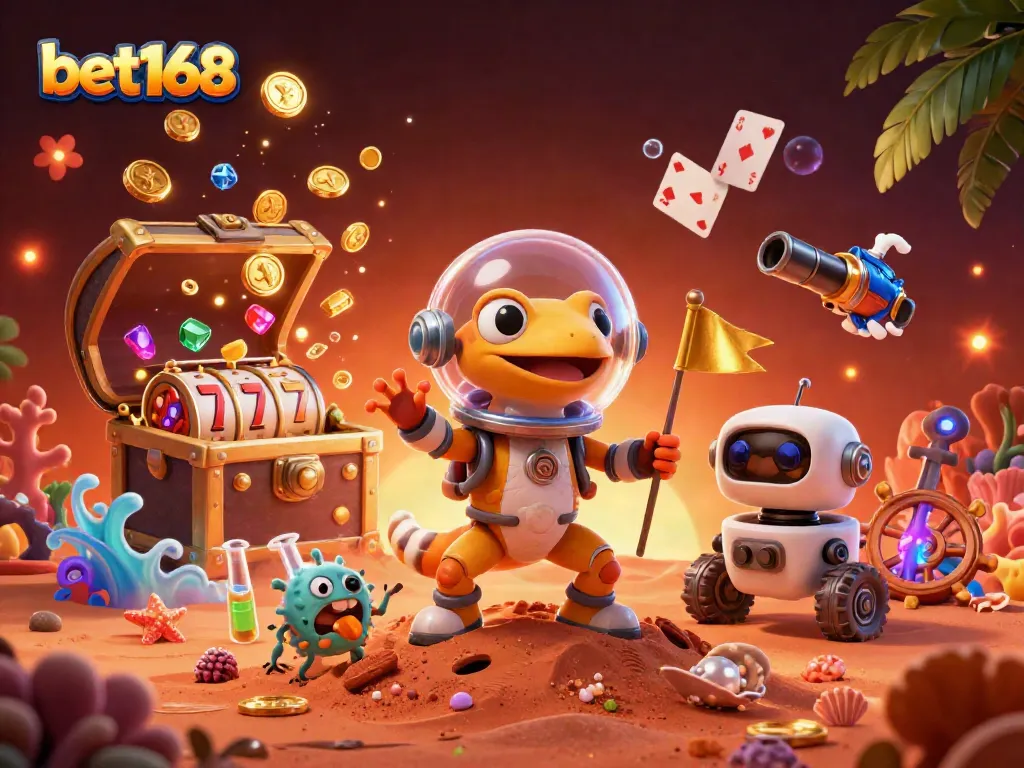 Engage with bet168's immersive casino adventure featuring vibrant 3D elements and dynamic illustrations.