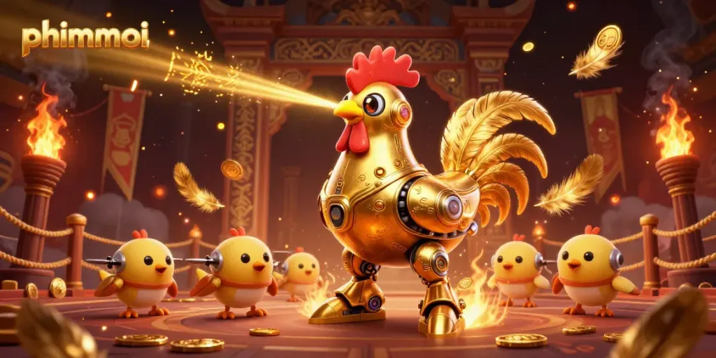 Engage with phimmoi's thrilling content featuring lively casino action and golden robots in a dynamic scene.
