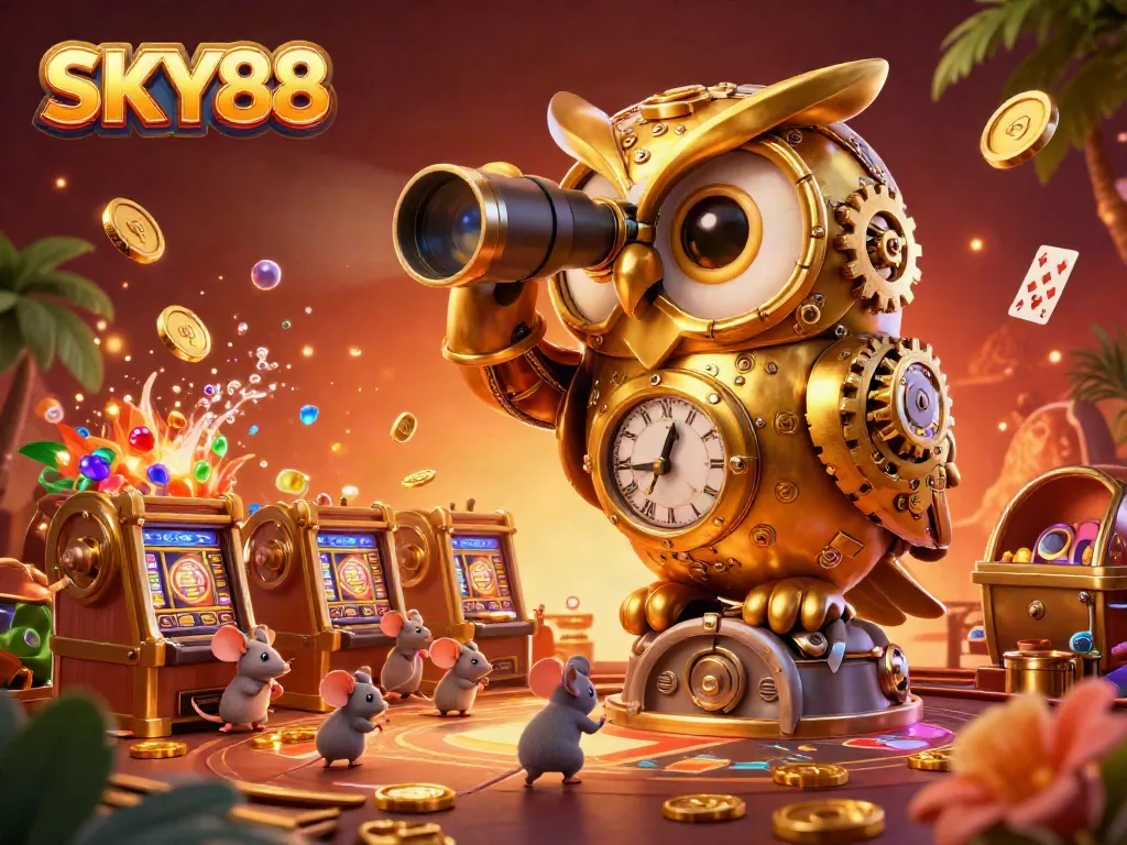 Experience the vibrant excitement of SKY88 as the clockwork owl watches over a dynamic casino floor filled with games.