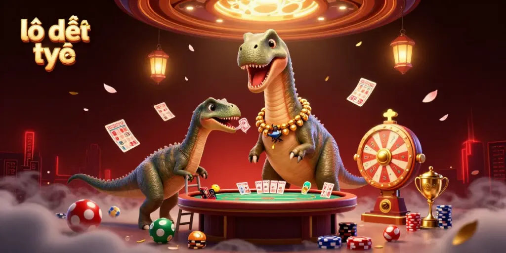Engaging scene of lô đề trực tuyến with a brontosaurus and clever raptor among lottery elements and vibrant casino visuals.