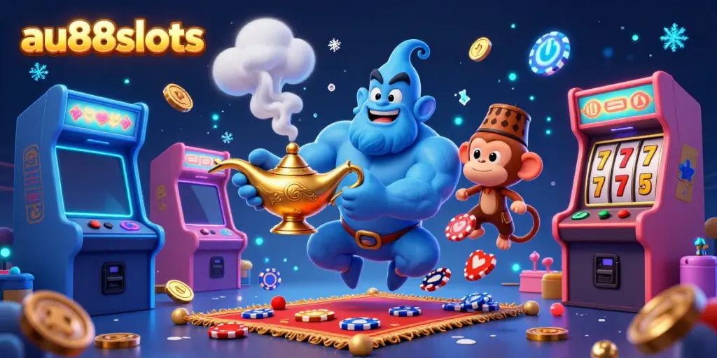 Experience thrilling gameplay with au88slots in a vibrant 3D scene featuring a genie, monkey, and poker chips.