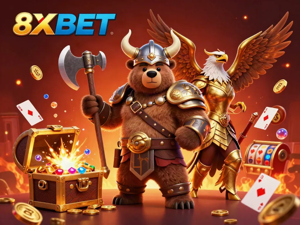 Engage with thrilling slots at 8XBET featuring dynamic Viking and Valkyrie characters amidst a treasure-filled scene.