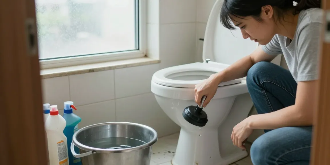 Verstopte wc en persoon die rubber plunjer gebruikt in badkamer.