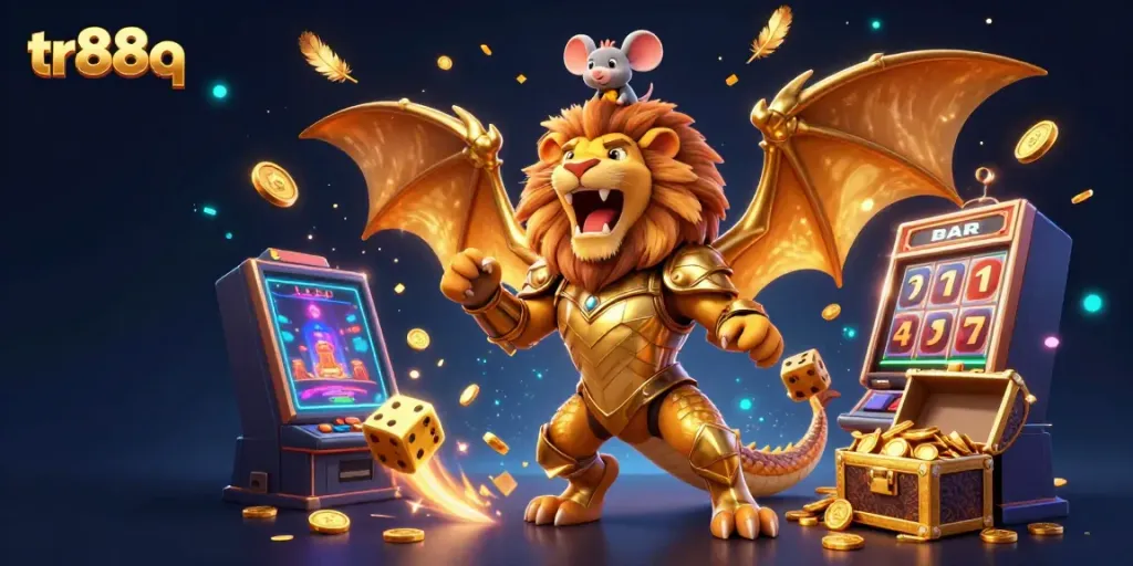 Experience the excitement of tr88q with a triumphant chimera and jackpot winnings in a colorful casino scene.