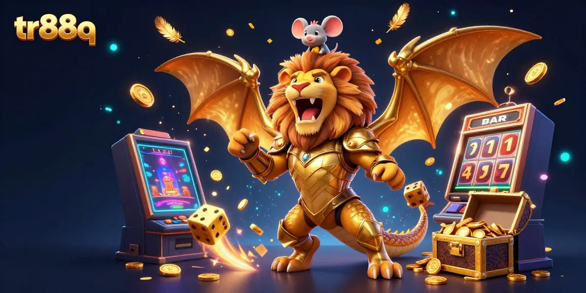 Experience the excitement of tr88q with a triumphant chimera and jackpot winnings in a colorful casino scene.
