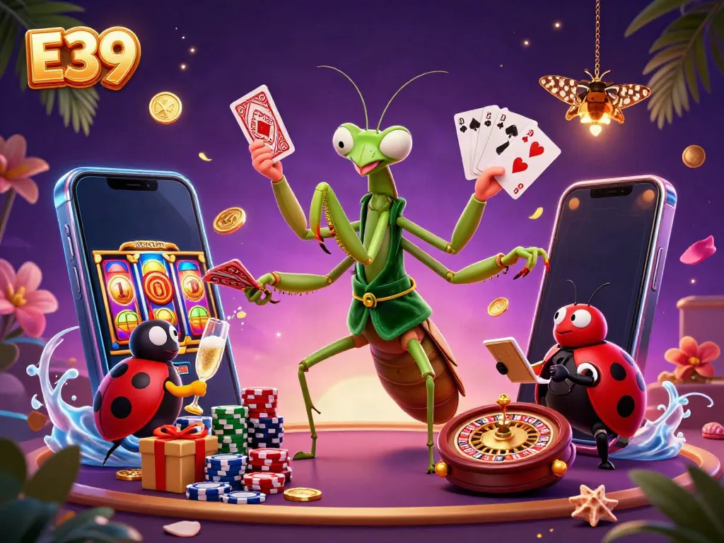 E39 gamers enjoying a vibrant casino scene with a card sharp and a pit boss, celebrating wins with games and rewards.