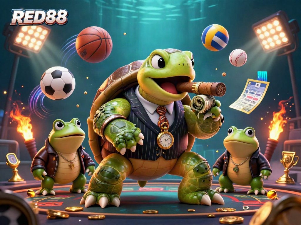 Join the casino action with RED88, featuring a mafia turtle and bullfrog enforcers amid vibrant gambling elements.