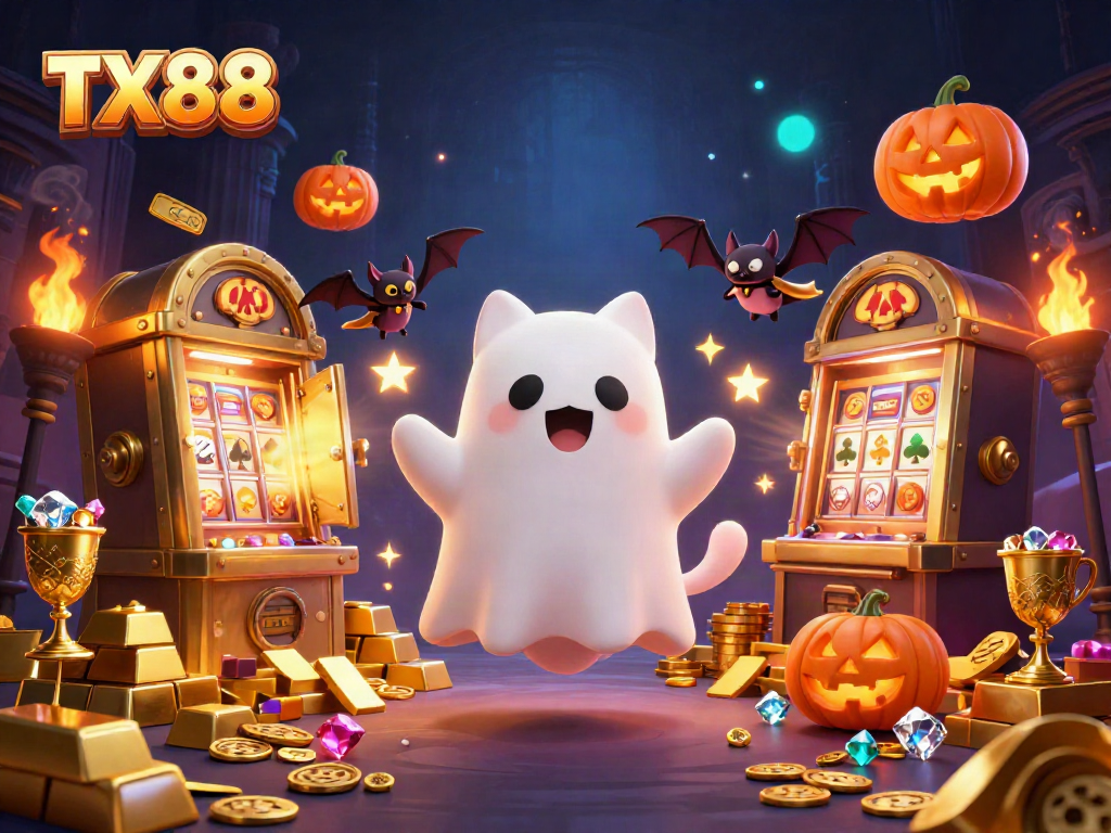 Immerse in TX88's ghostly casino experience with a friendly ghost cat, treasure, and captivating visuals.