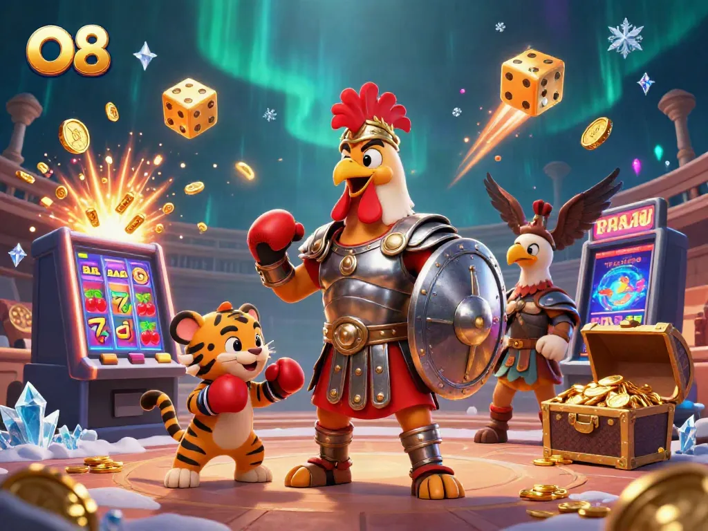 Experience thrilling jackpots and exciting games at O8 casino with illustrated characters and vibrant visuals.