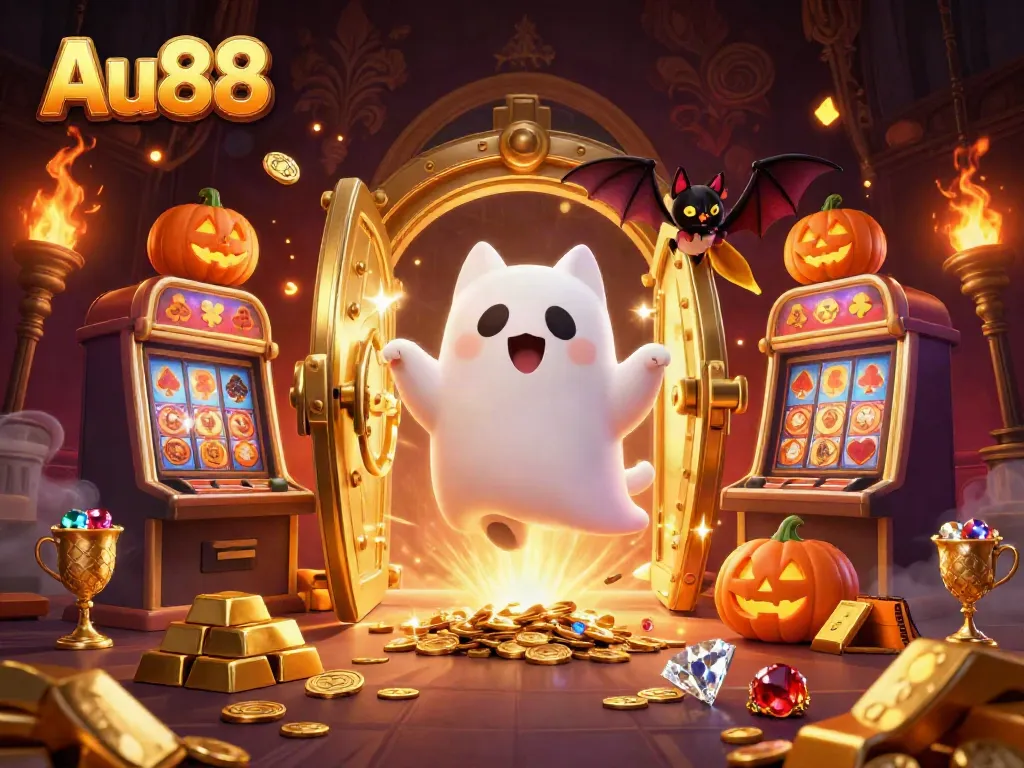 Experience thrilling gaming at Au88 with a ghost cat and vampire bat in a majestic casino setting.