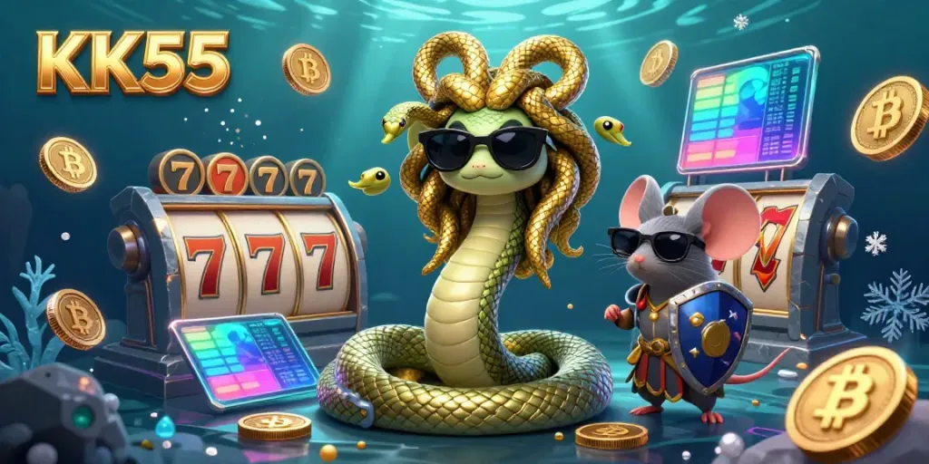 Experience the vibrant energy of KK55's 3D casino world with Medusa and engaging slot elements.