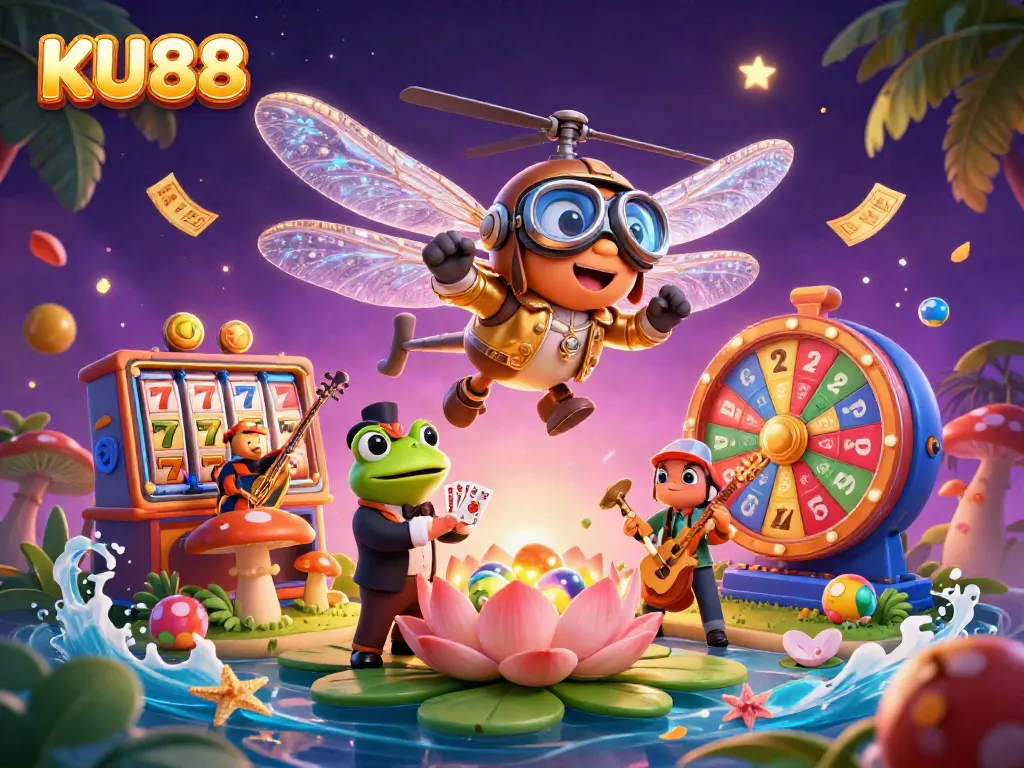 Experience the excitement of KU88 with a vibrant casino scene featuring lively characters and dynamic game elements.