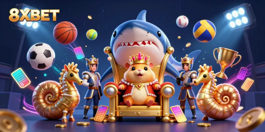 Experience the excitement of 8XBET with dynamic sports betting elements featuring a golden hamster king.