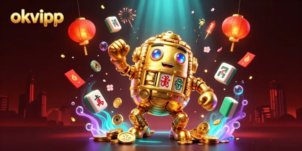 Experience the thrill of okvipp with a golden golem and festive gambling elements in vibrant art.