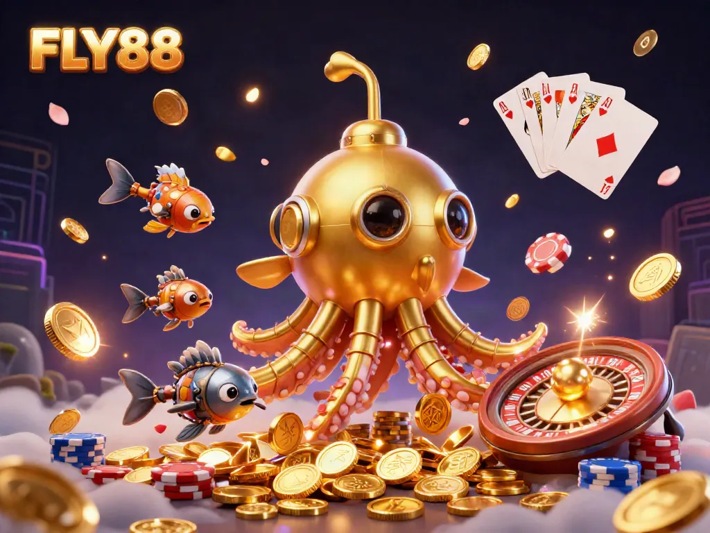 Experience FLY88 with a vibrant underwater adventure featuring golden kraken and treasures.