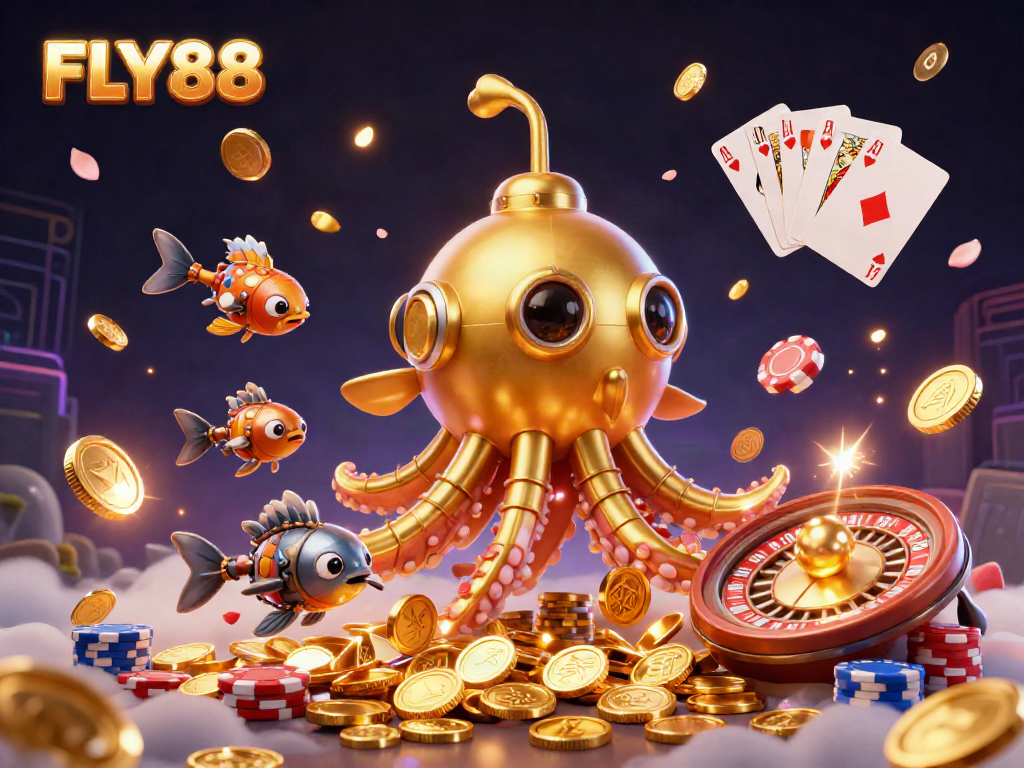 Experience FLY88 with a vibrant underwater adventure featuring golden kraken and treasures.