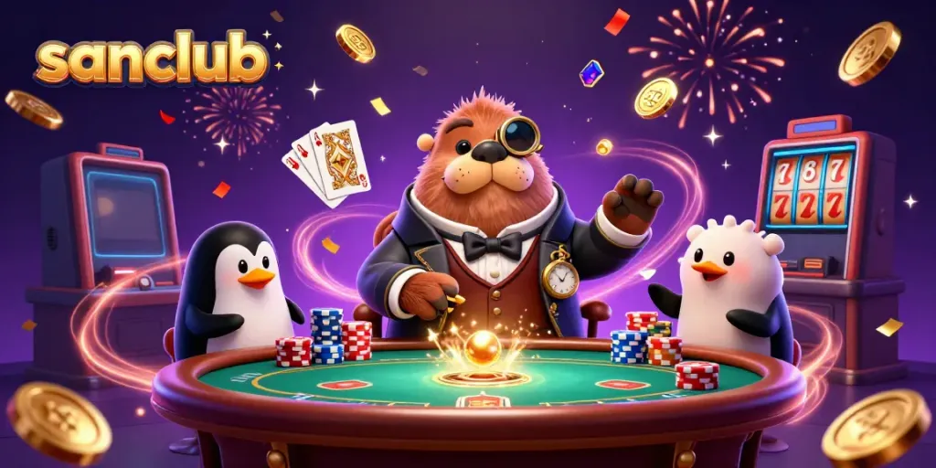Experience gambling excitement with sanclub's dynamic underwater poker scene featuring playful characters and sparkling game elements.