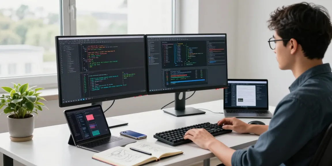 Developer coding on dual monitors in a bright workspace, showcasing sc88 technology solutions.