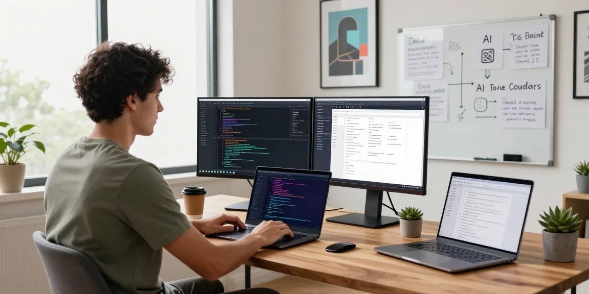 Developer building internal tools with AI in a modern home office, coding with multiple screens.