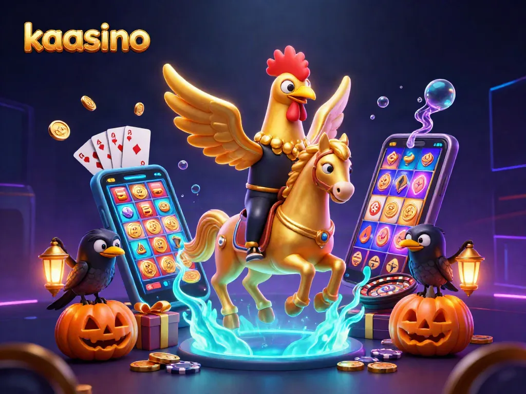Kaasino offers dynamic gaming action with a golden rooster and spectral horse in a vibrant casino setting.