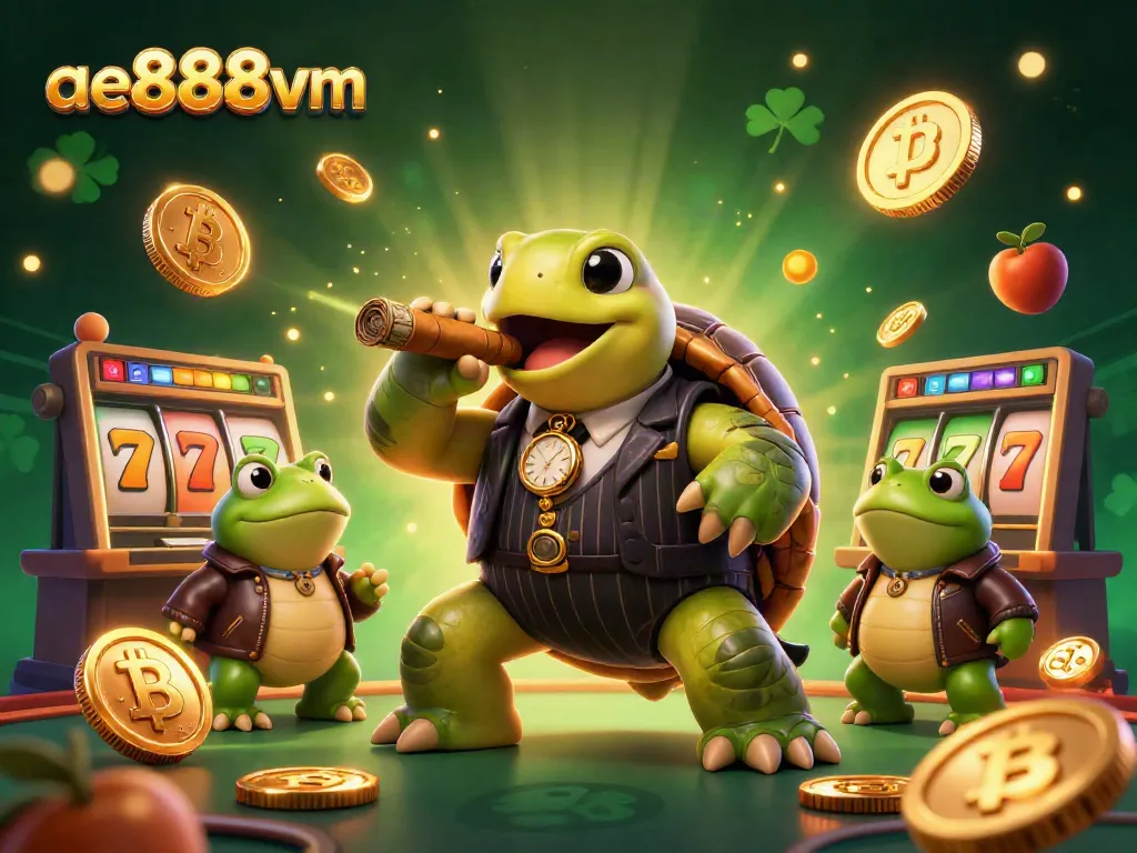Engage with the ae888vm casino experience featuring a cartoon turtle in a tuxedo on a vibrant gaming floor.