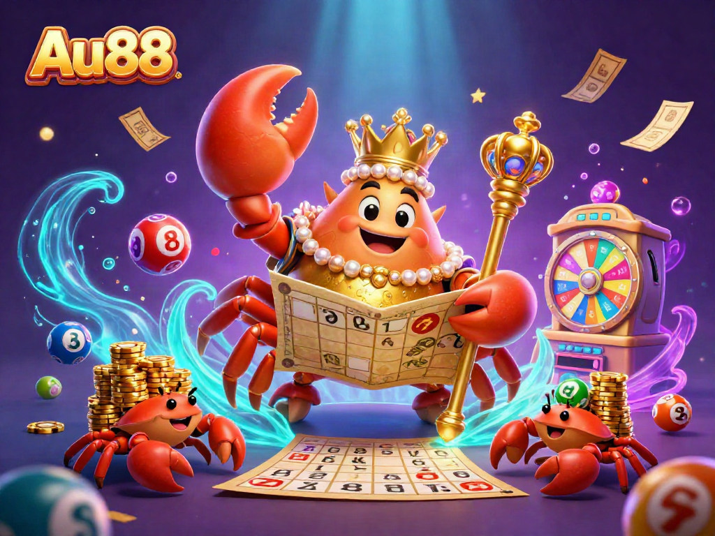 Engage with the exciting world of gambling at Au88 with a vibrant 3D depiction of a golden crab emperor, colorful lottery balls, and thrilling casino elements.