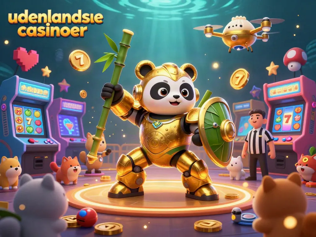 Experience the vibrant world of udenlandske casinoer with golden panda piloting a bamboo robot amidst dynamic gambling elements.