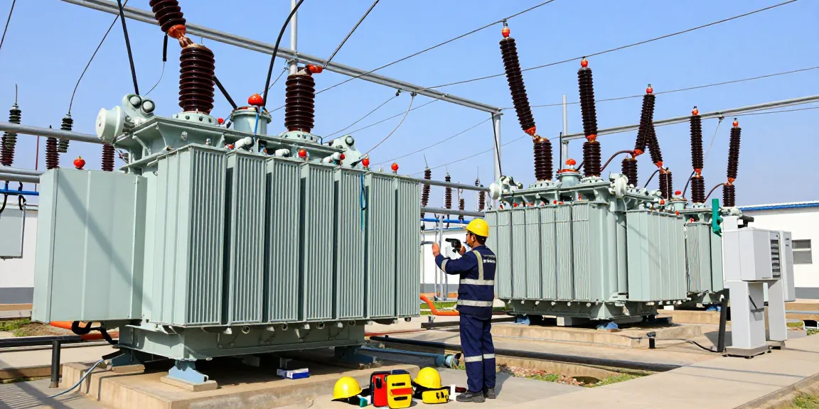 Een technicus inspecteert medium voltage transformers in een buitenstation met een heldere lucht en energie-installaties.