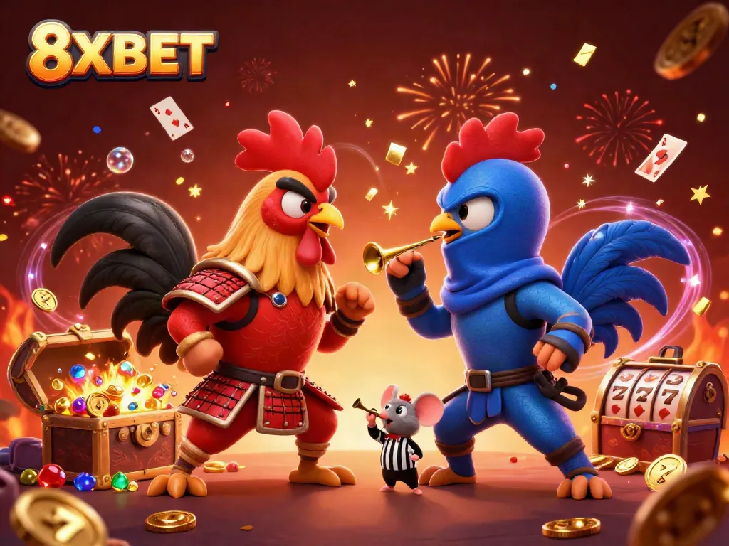 Experience thrilling gameplay at 8XBET with an action-packed illustration of rooster warriors battling.
