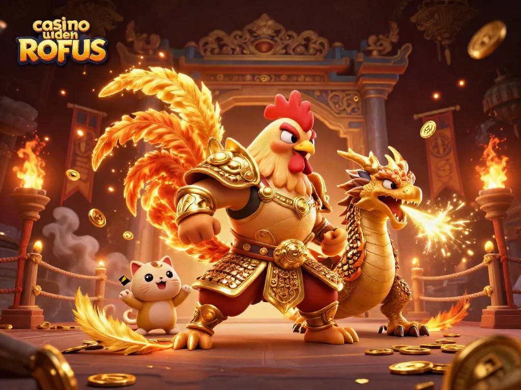 Engage in thrilling gaming at casino uden ROFUS with a fighting rooster, dragon, and fortune cat