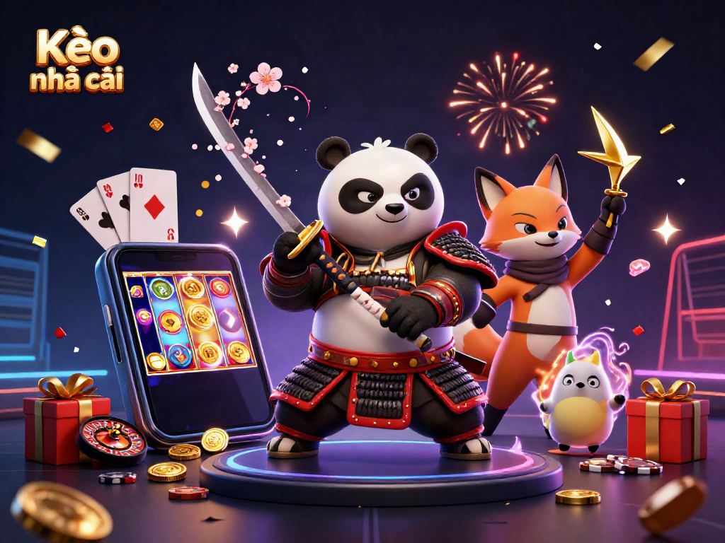 Kèo nhà cái illustrates a samurai panda and ninja fox amid vibrant casino elements.