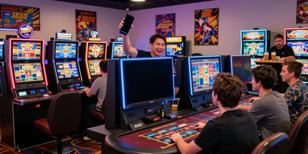 Online gaming experience at DA88 with players enjoying slot machines and live dealers.