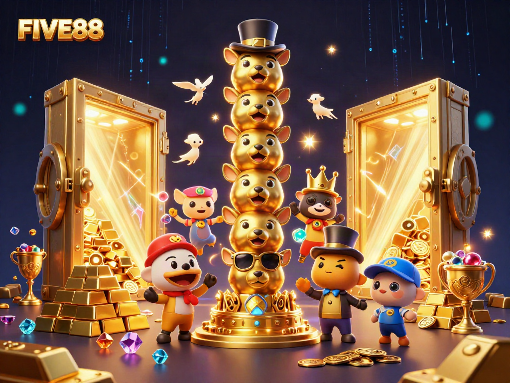 Experience the excitement of FIVE88 with a vibrant totem pole surrounded by treasures in an ultra-detailed 3D scene.