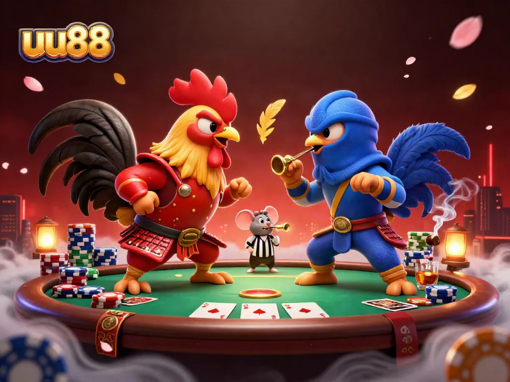 Cast your bets at uu88 with a thrilling showdown of cartoon roosters in a dynamic casino scene.