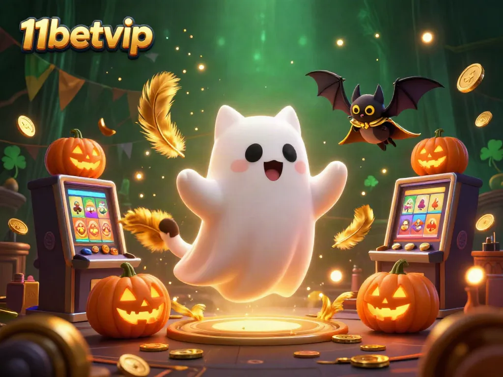Experience the thrill of 11betvip with a friendly ghost cat and vampire bat amidst a haunted casino, showcasing vibrant animated elements.