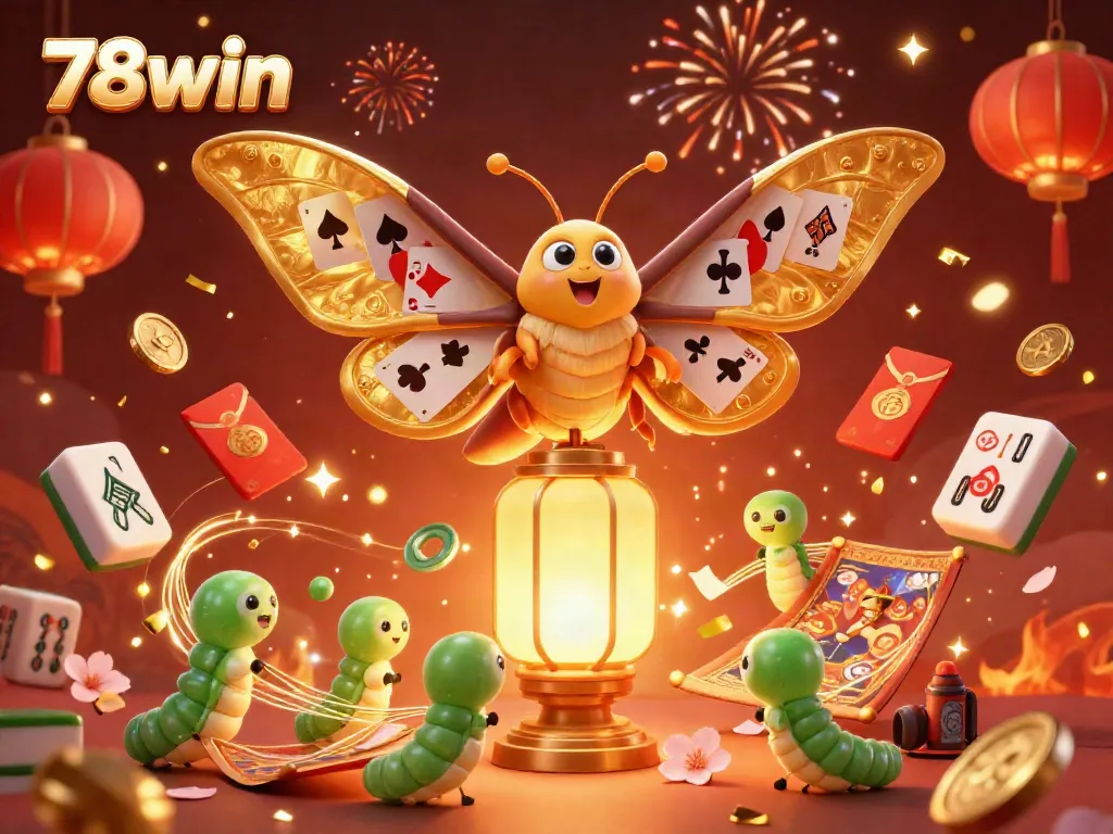 Engage with the vibrant action of 78win as the golden atlas moth showcases casino elements in this lively illustration.