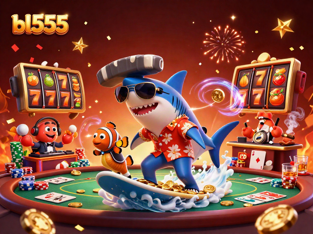 Experience the thrill of bl555 with a vibrant 3D casino scene showcasing characters enjoying exciting games.