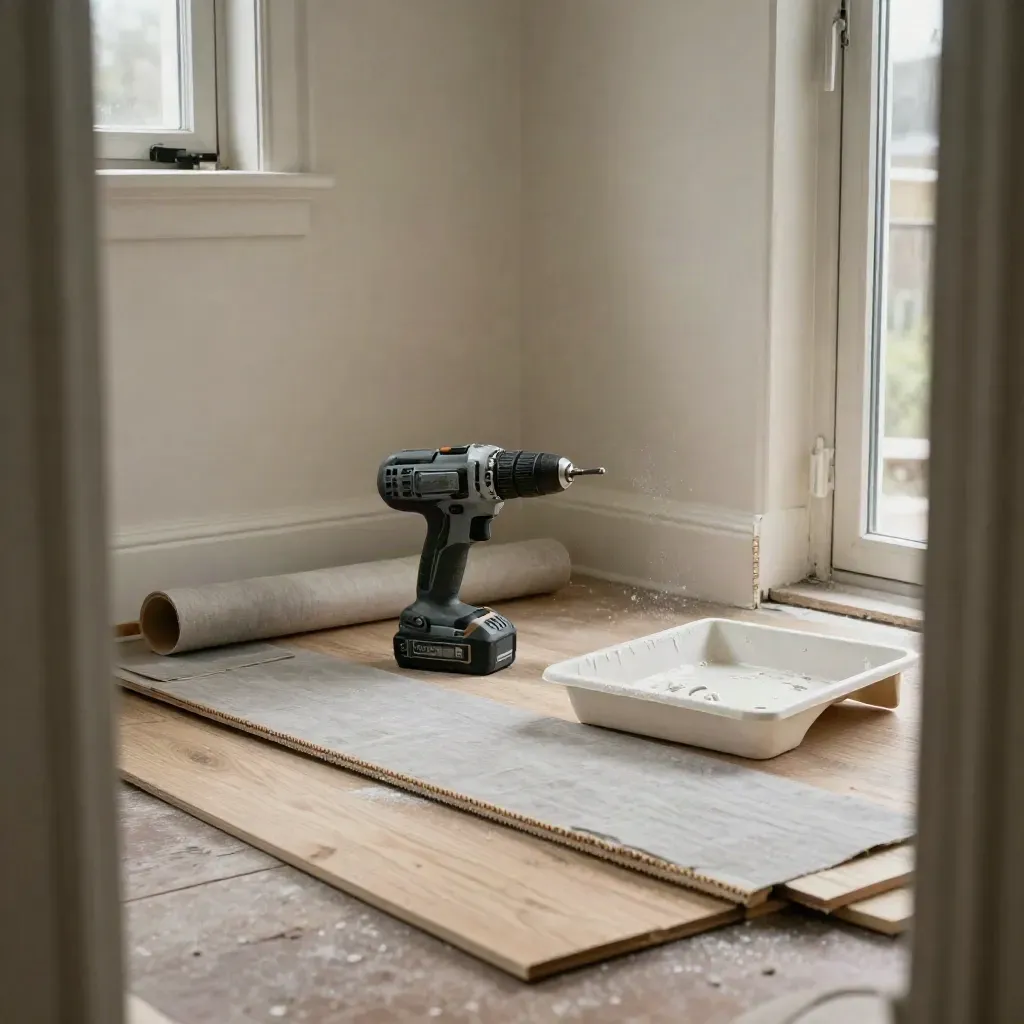 Renovatiehoek met boormachinekoffer, vloerstalenrol en verftray in zacht ochtendlicht