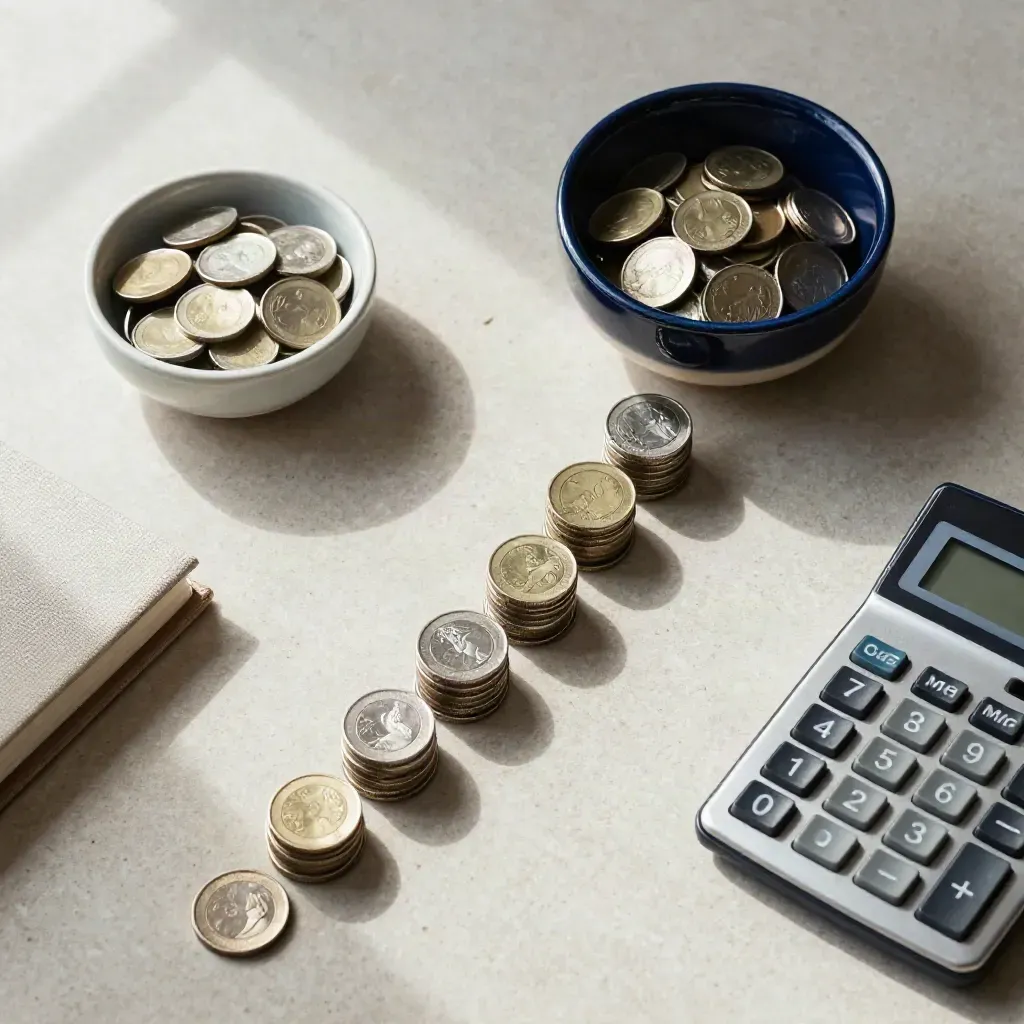 Bovenaanzicht van muntenstapels, een gesloten notitieboek, kom en calculator op lichte steen.