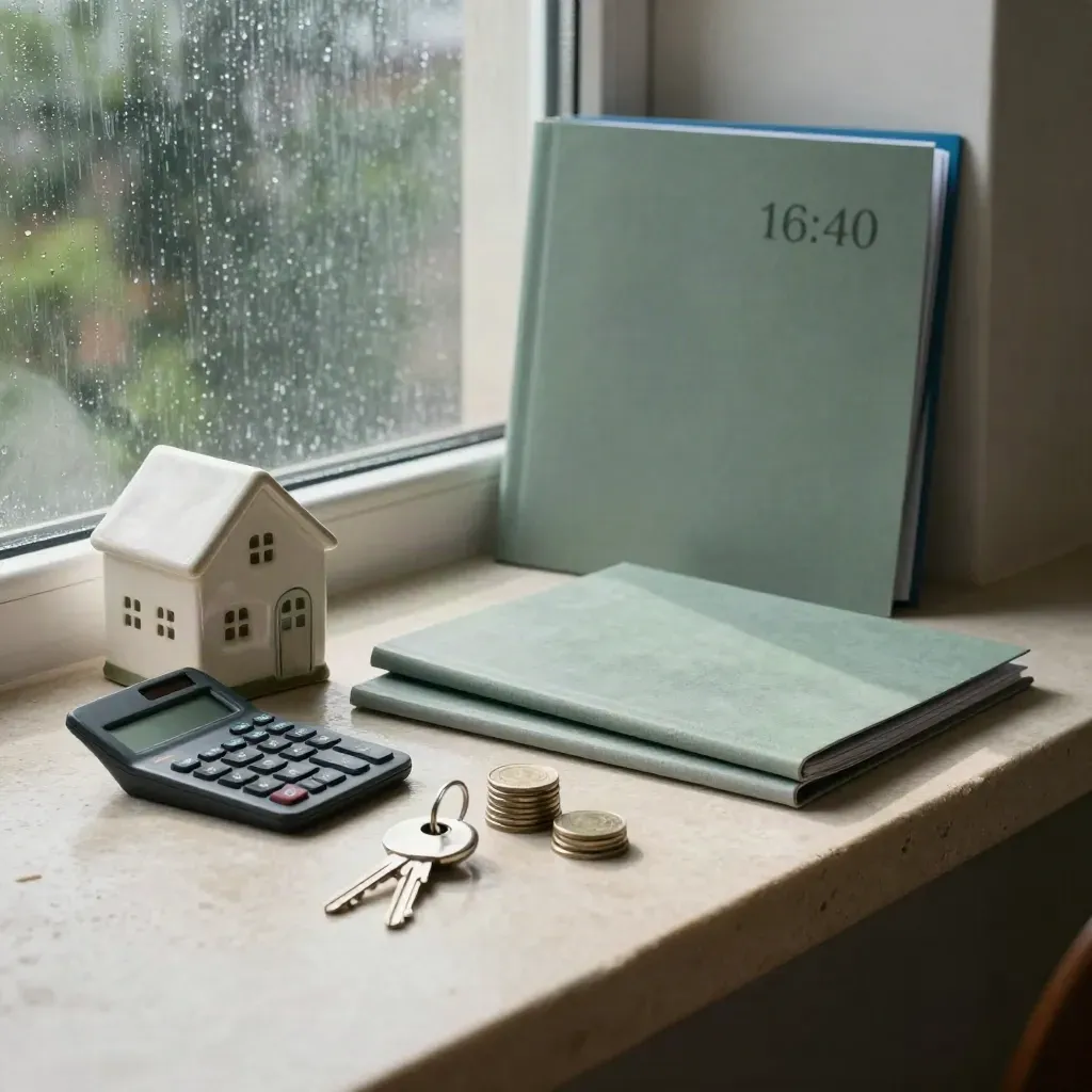 Lening-vergelijkstill life met huisje, calculator, mappen, sleutels en muntstapels bij regenraam