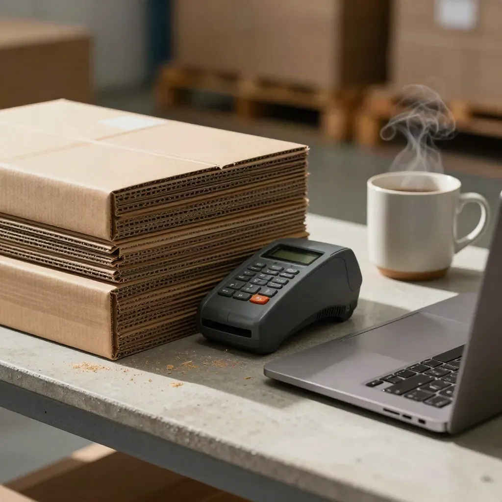 Pakketjes, laptop en koffiemok op een werkbank in zacht ochtendlicht.