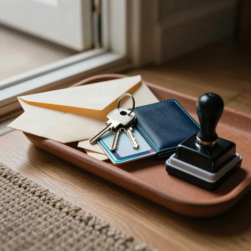 Enveloppen, sleutels, ID-wallet en stempelpad in een bundel bij de voordeur.