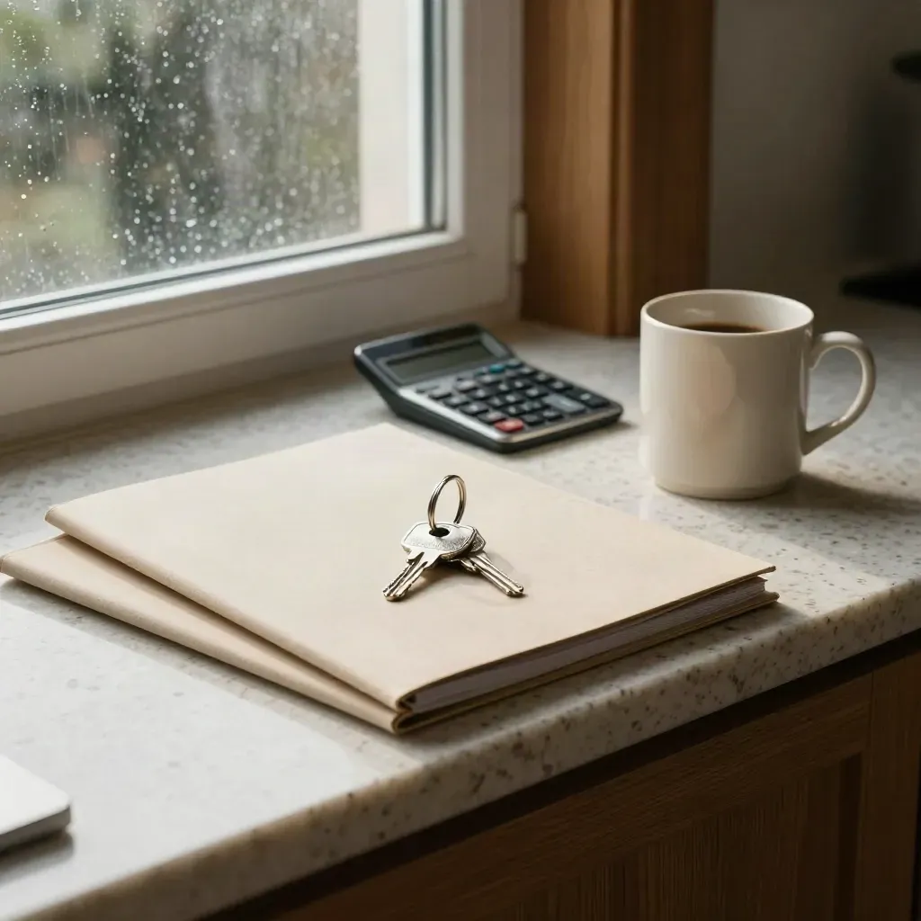 Keukentafel met hypotheekmappen, sleutels, rekenmachine en koffiekop in ochtendlicht.
