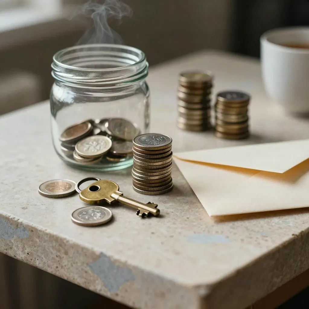 Muntenstapels, spaarpot, dichte envelop en huissleutel op lichtgrijze steen.
