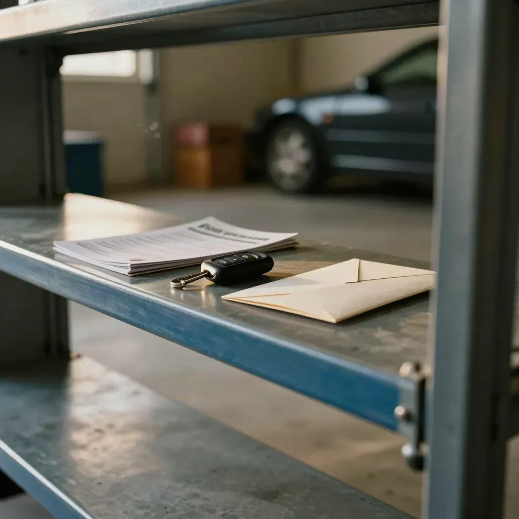 Autosleutelhanger naast onderhoudsboekje en envelop op garagerek, warm avondlicht