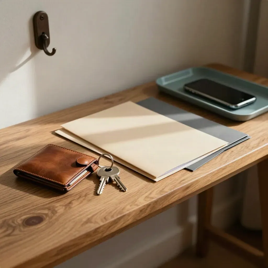 ID-wallet, sleutels en mappen op een haltafel in warm ochtendlicht.