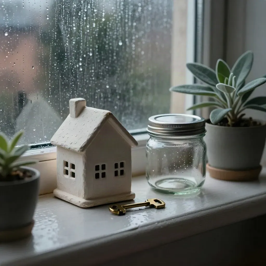 Spaarpot, sleutel en klein huisje op een vensterbank met regen op het raam.