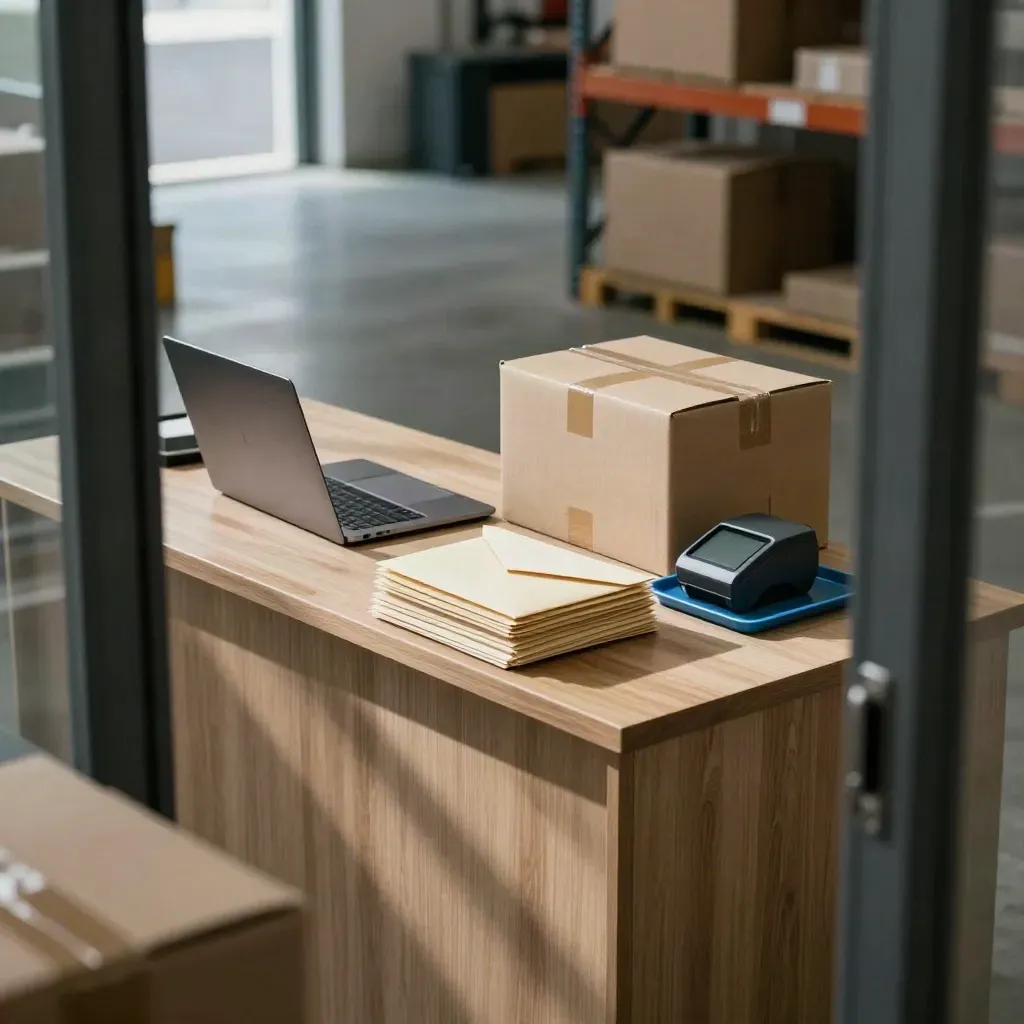 Balie in klein distributiebedrijf met enveloppen, laptop, dozen en kaartlezer.