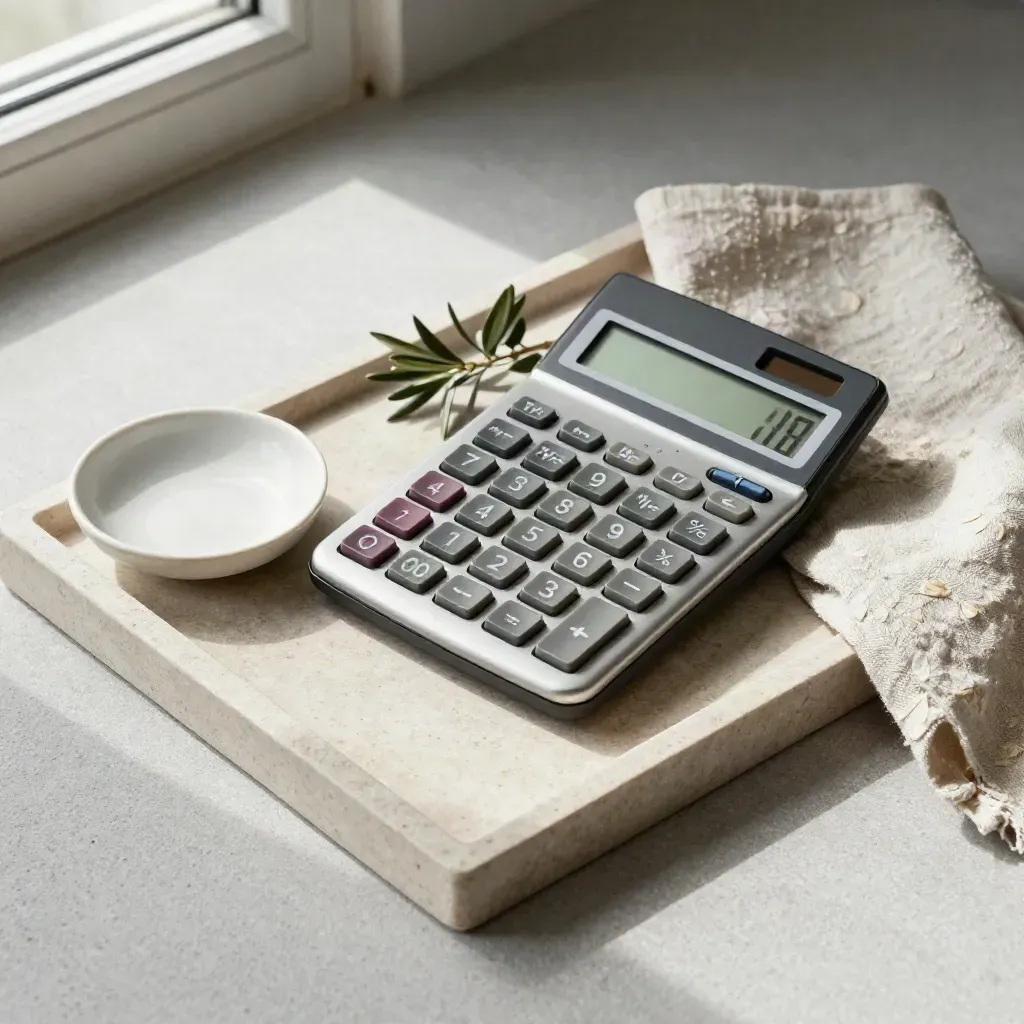 Bovenaanzicht van een calculator, schaaltje, linnen doek en olijftak op een stenen tray.